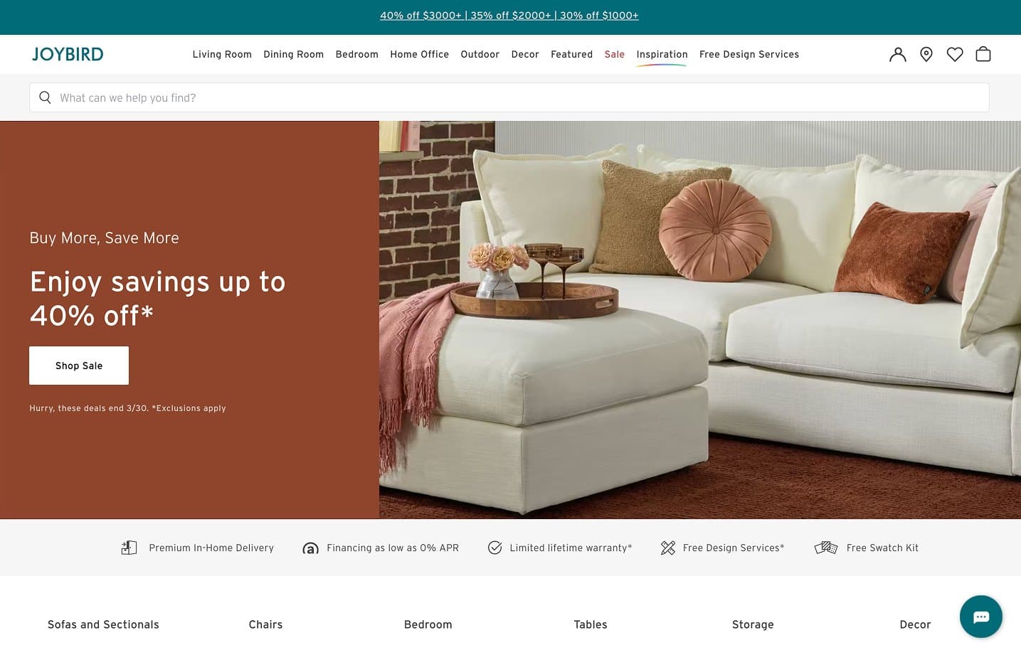 Joybird homepage with value props below the hero
