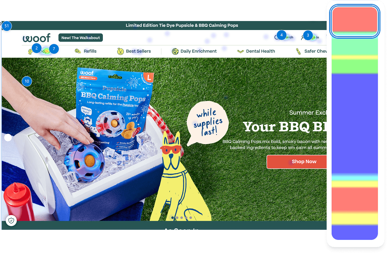 Click heatmap and scroll-depth map of the new homepage hero
