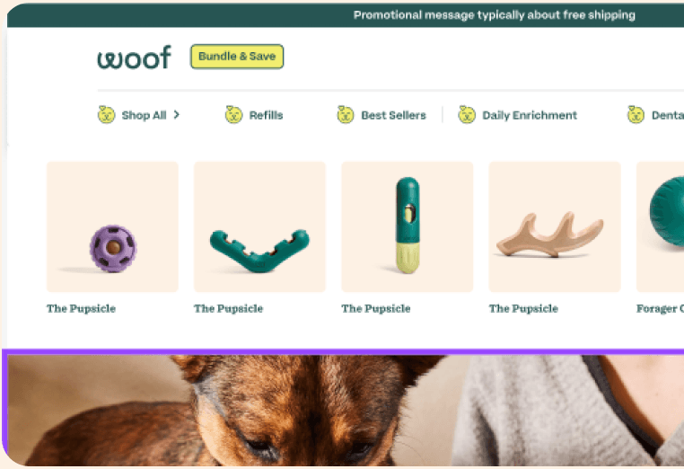Woof homepage concept with categories above the hero