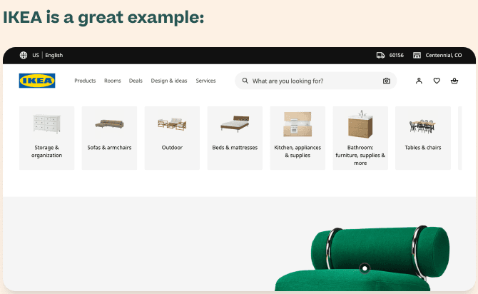 IKEA homepage with category tiles above the hero