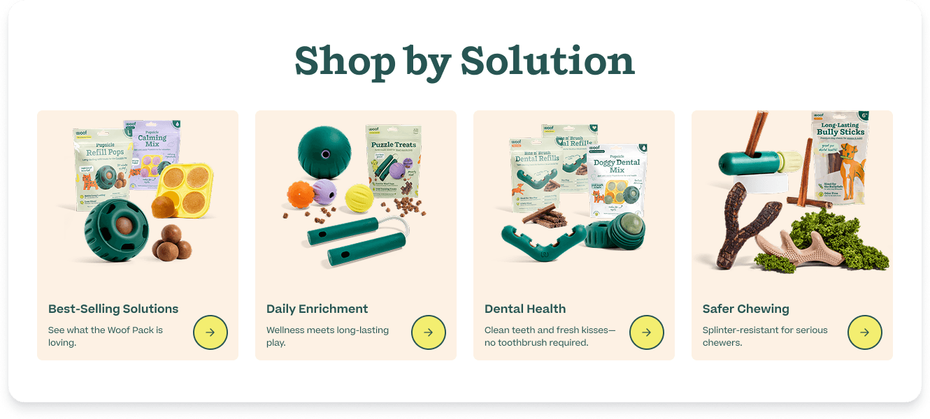 Shop by Solution tiles: Best-Selling Solutions, Daily Enrichment, Dental Health, Safer Chewing
