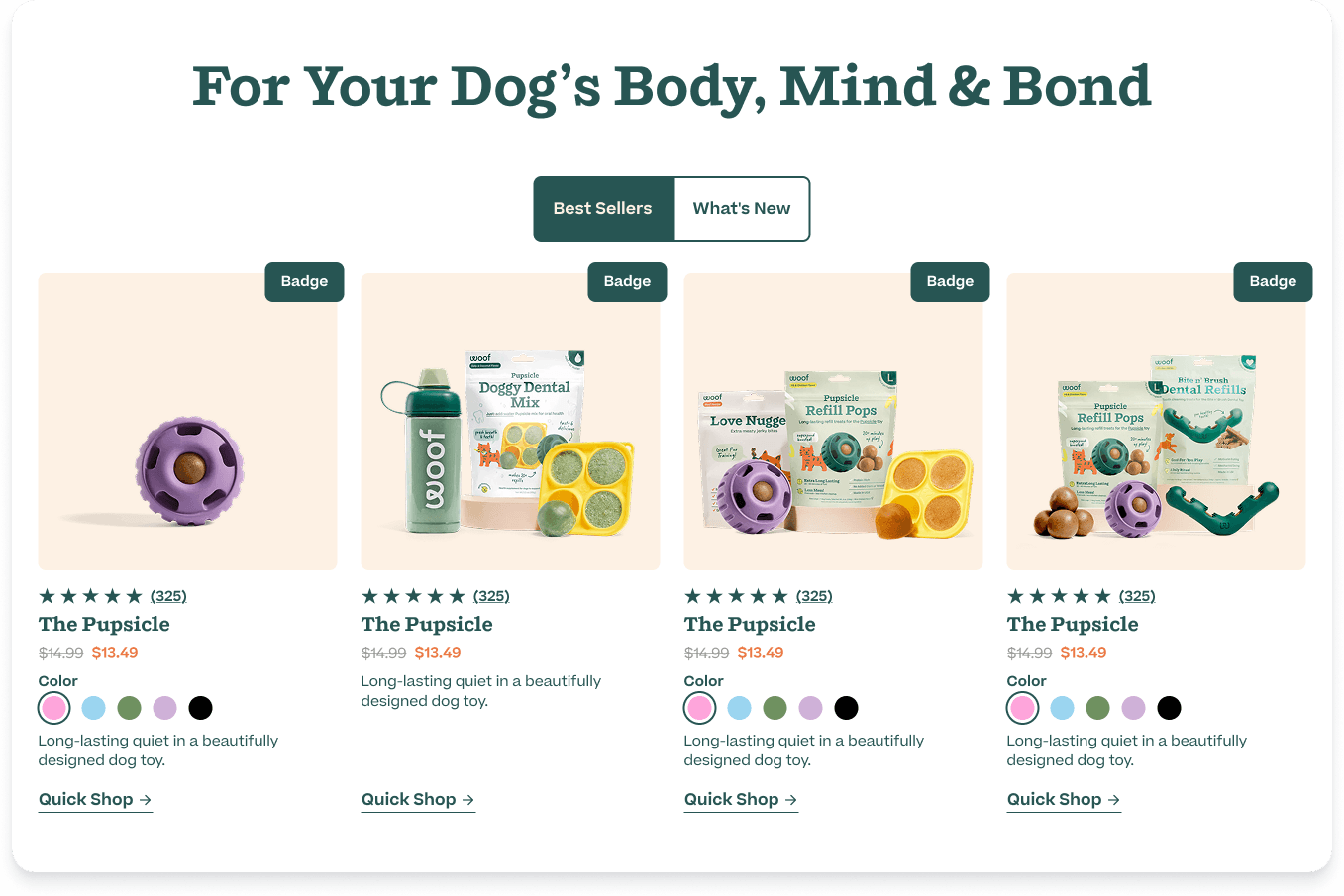 Best Sellers product grid with a Best Sellers / What's New toggle
