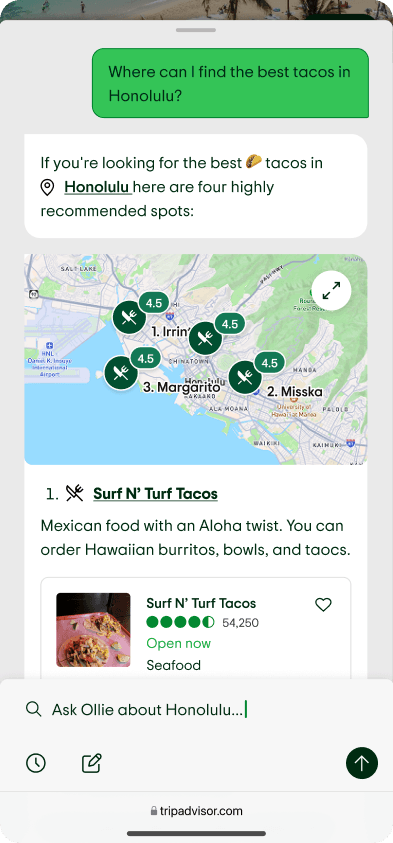 Ollie recommending the best taco spots in Honolulu with a map