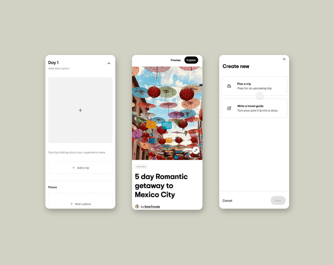 Public Trips creation and published screens