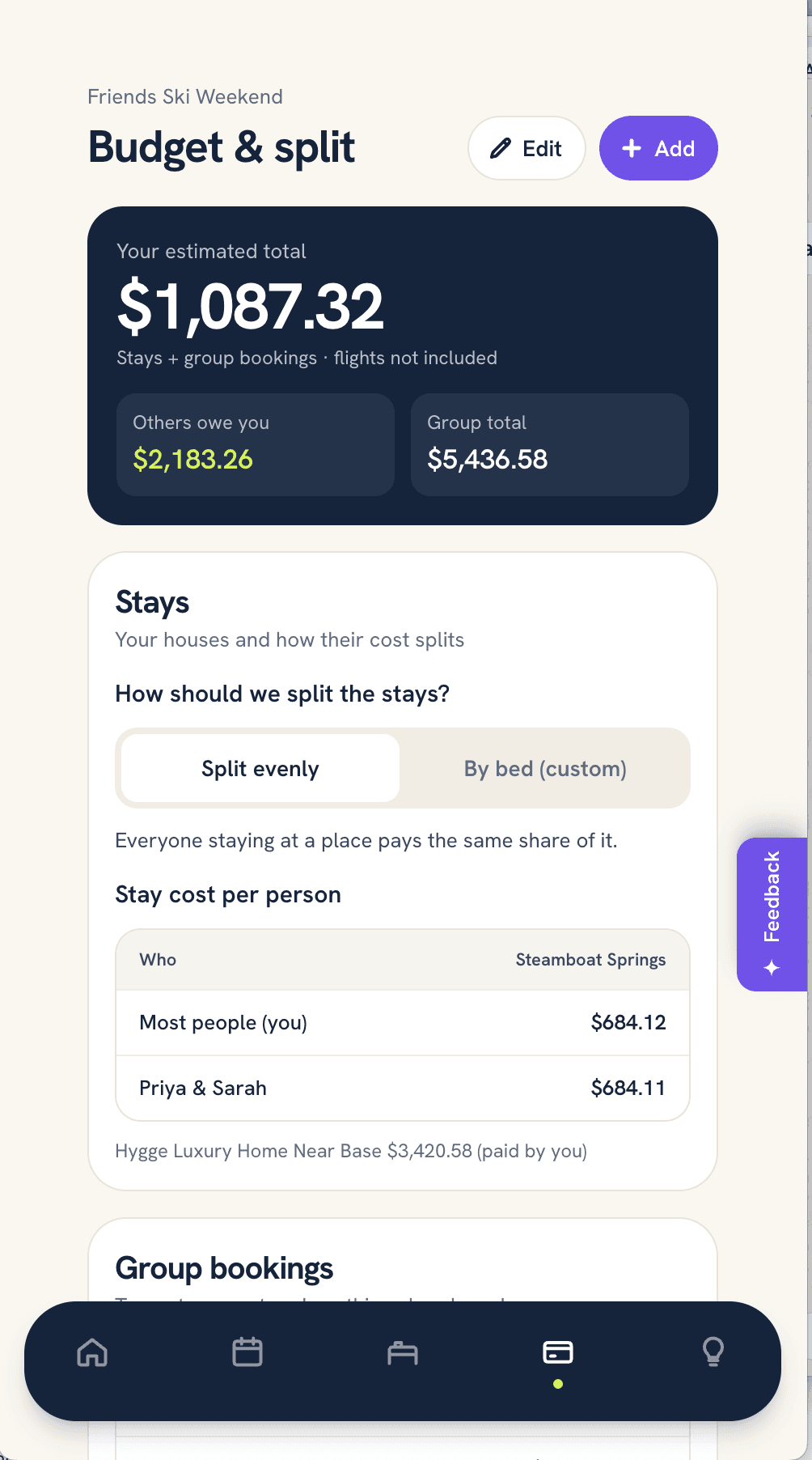 Planly budget and split screen showing what everyone owes