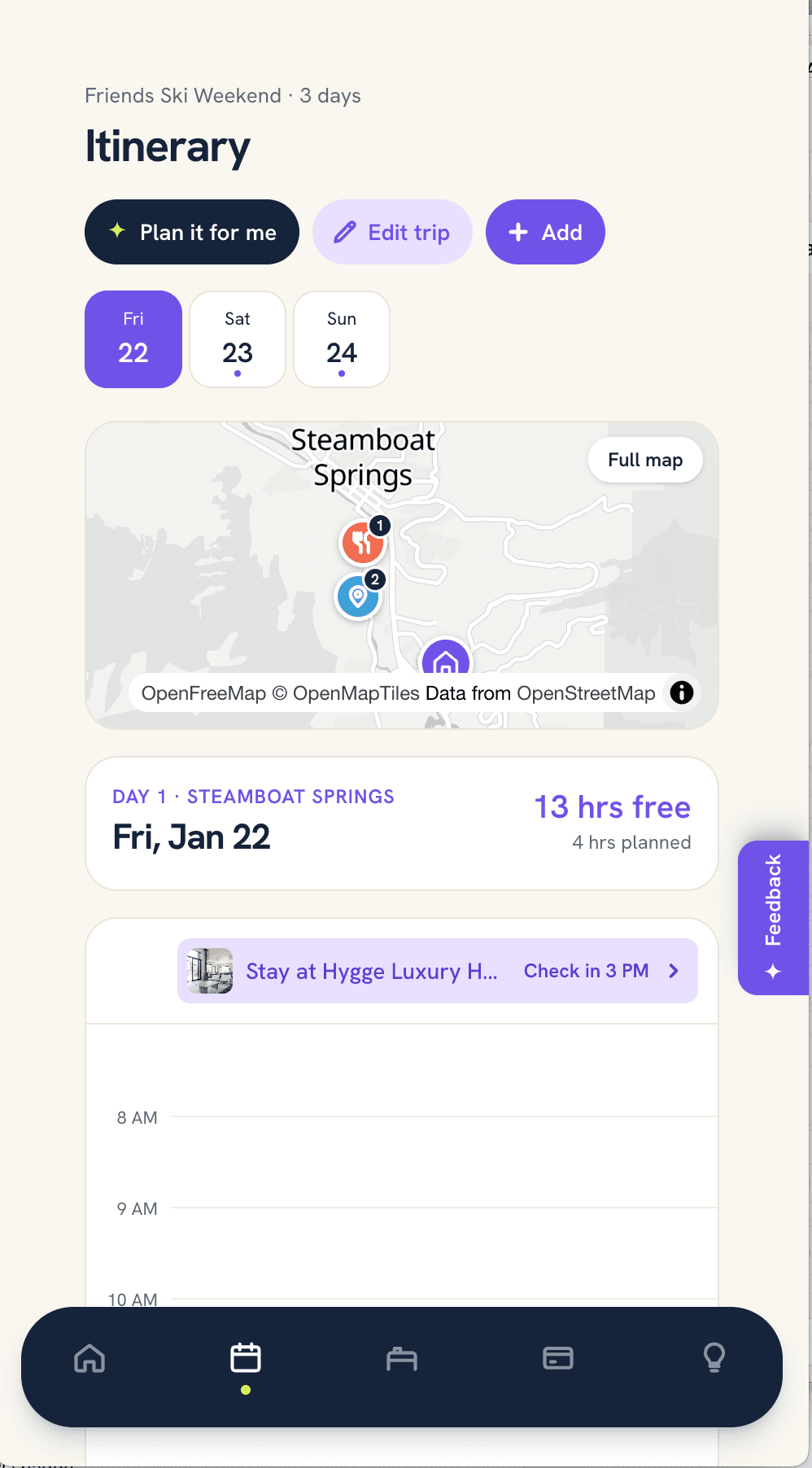 Planly itinerary with a day picker, map and schedule